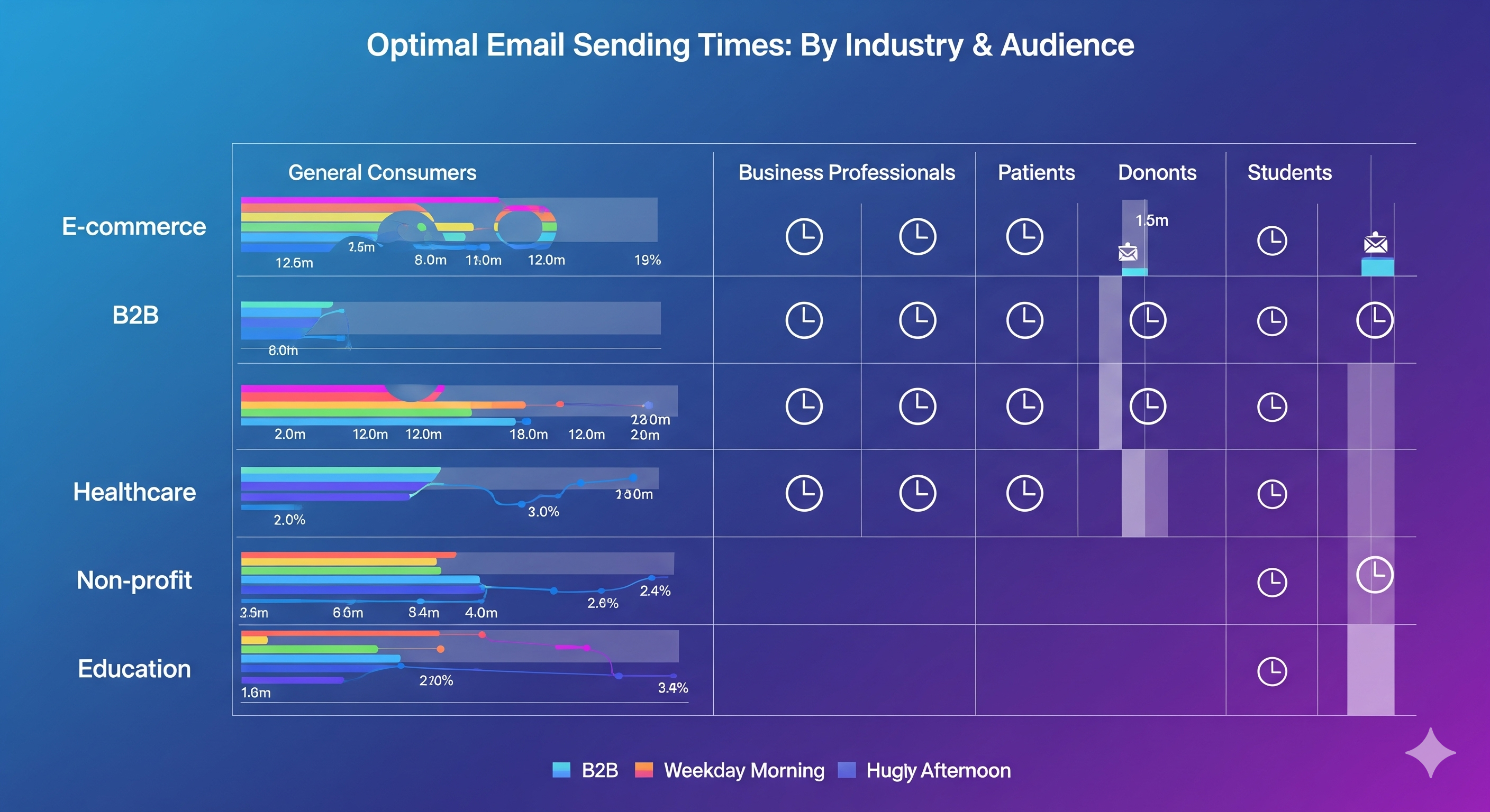 Chart showing optimal email send times by industry and audience with MailIris scheduling recommendations