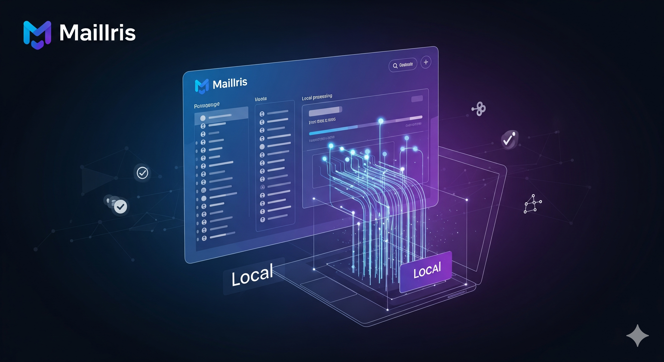 Local data processing visualization showing MailIris handling large contact lists