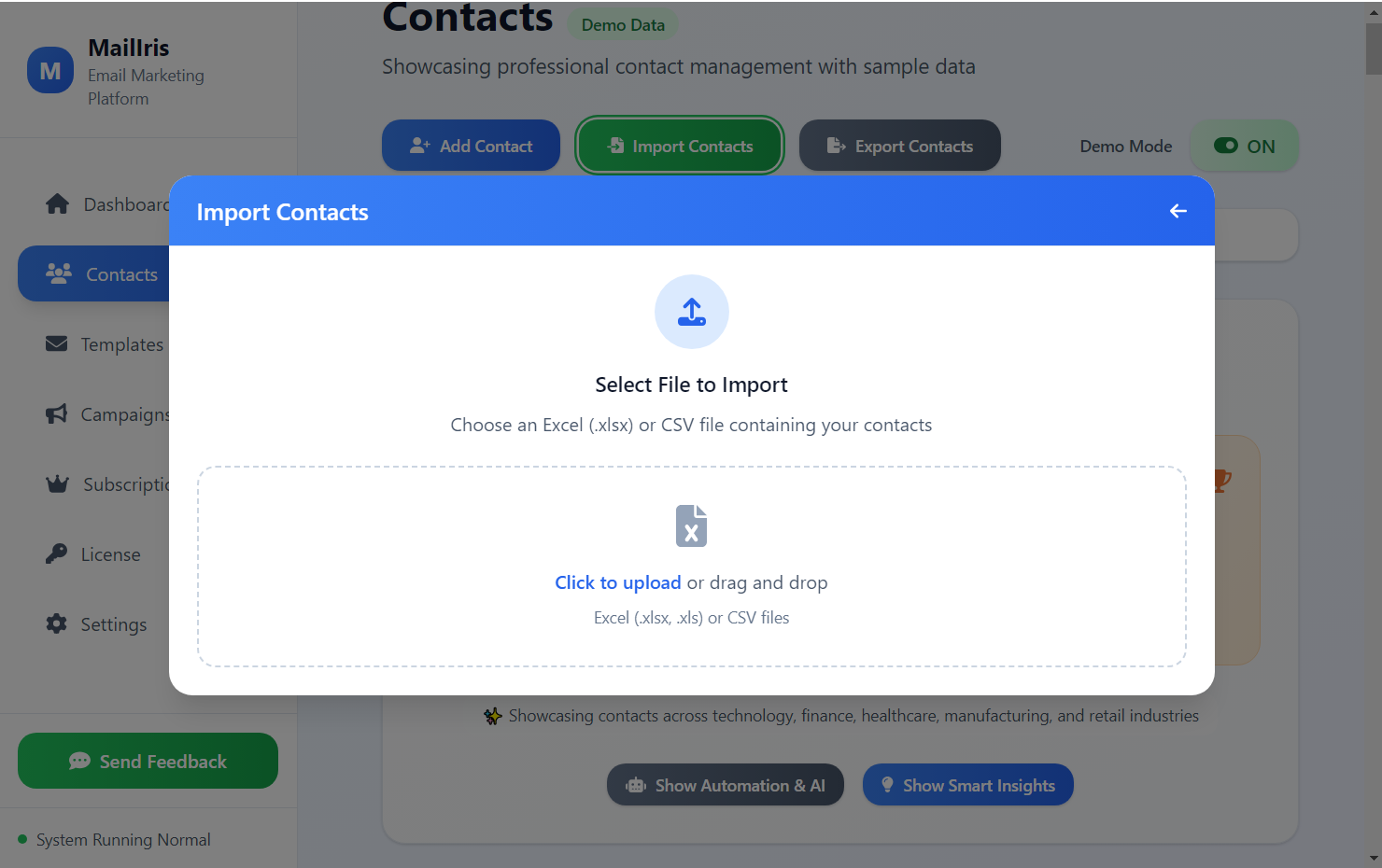 MailIris import interface showing step-by-step import process