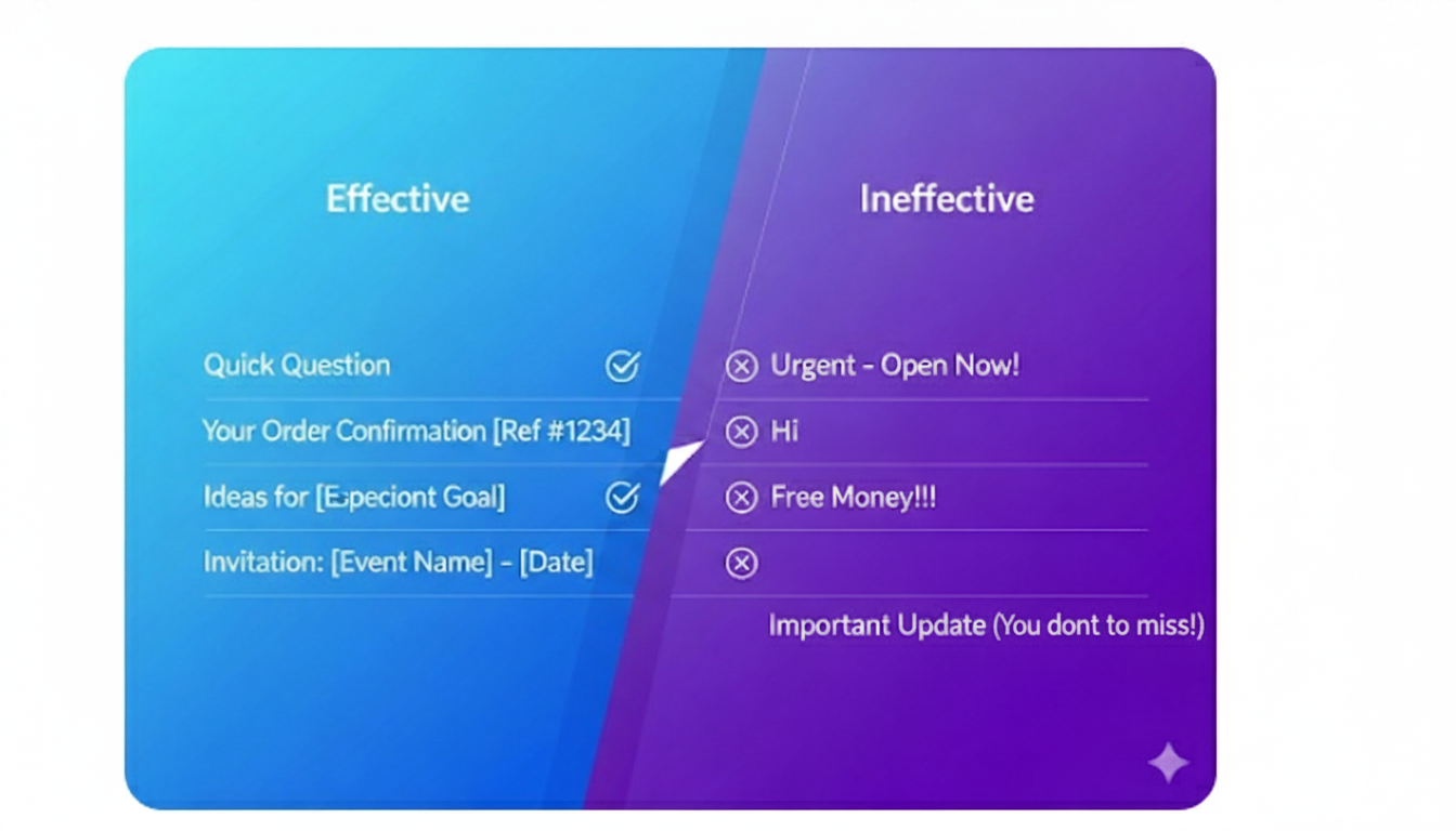 Examples of effective vs ineffective email subject lines with MailIris template suggestions