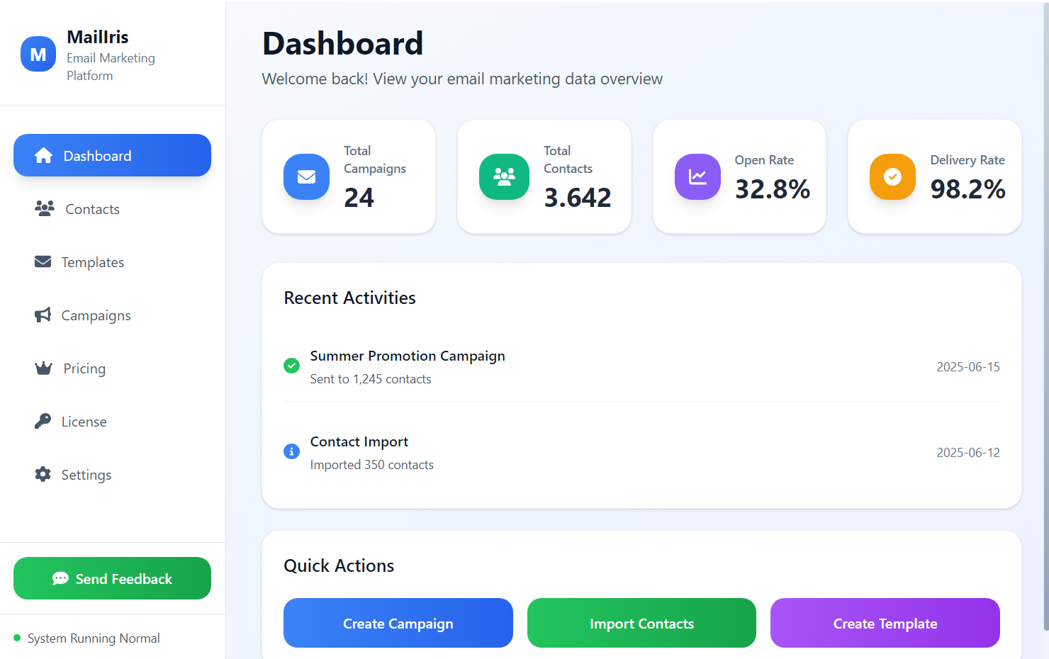 MailIris Desktop Email Marketing Software Interface - Professional email campaign management dashboard with local data processing